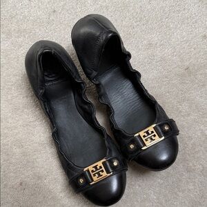 Tory Burch Black Leather Ballet Flats with Gold Logo Accent